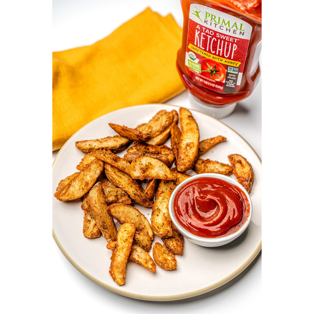 Primal Kitchen Tad Sweet Ketchup drizzle on meatloaf glaze for savory depth