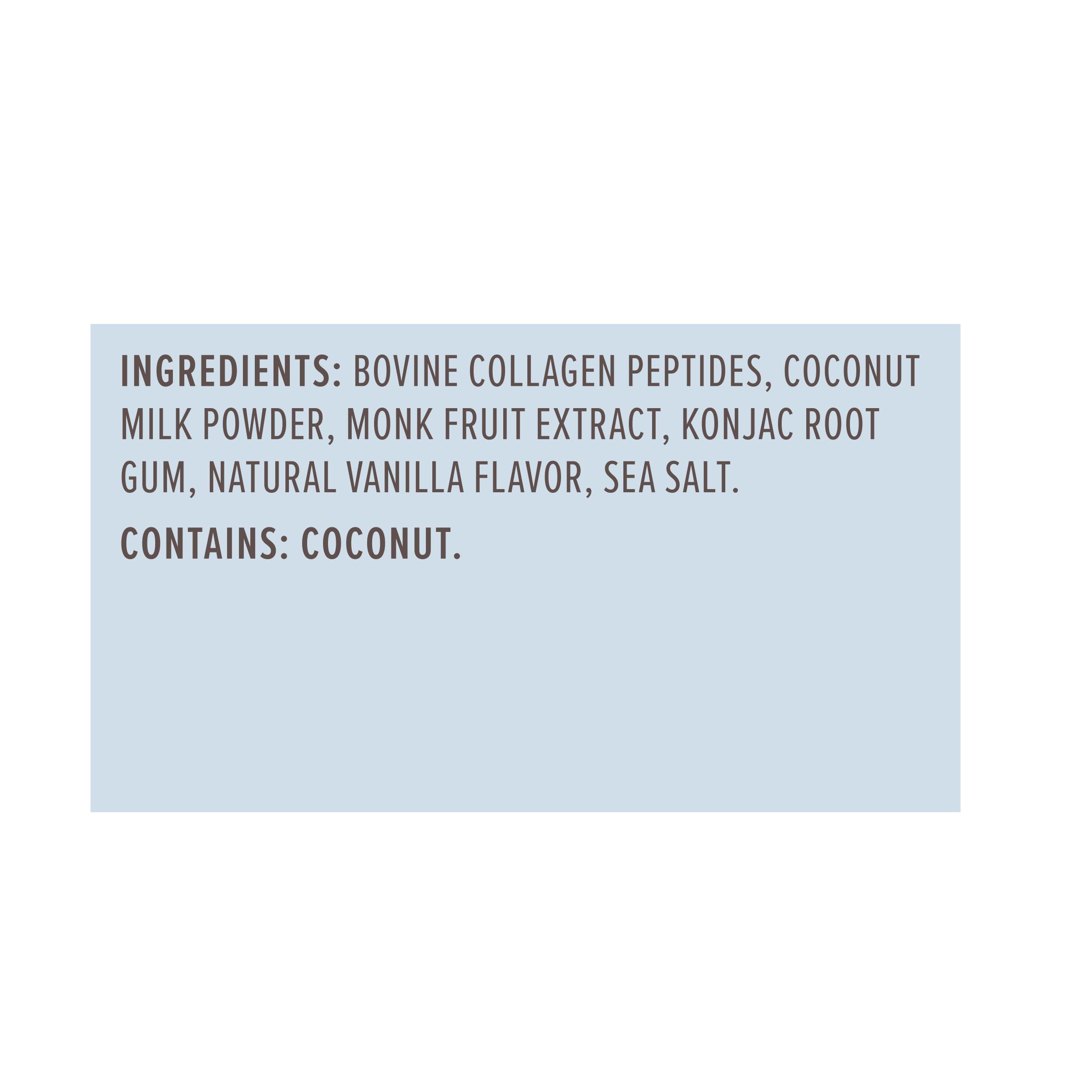 Close-up of ingredients label with coconut milk powder and vanilla.