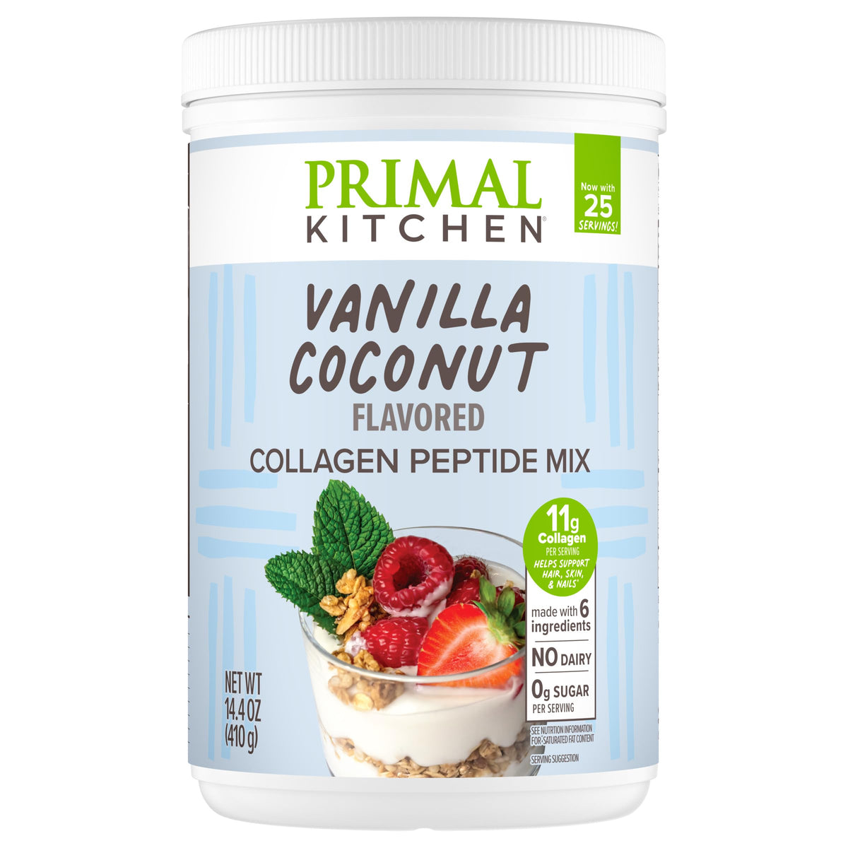 Primal Kitchen Vanilla Coconut Collagen Fuel tub showcasing dairy-free formula for skin and hair.