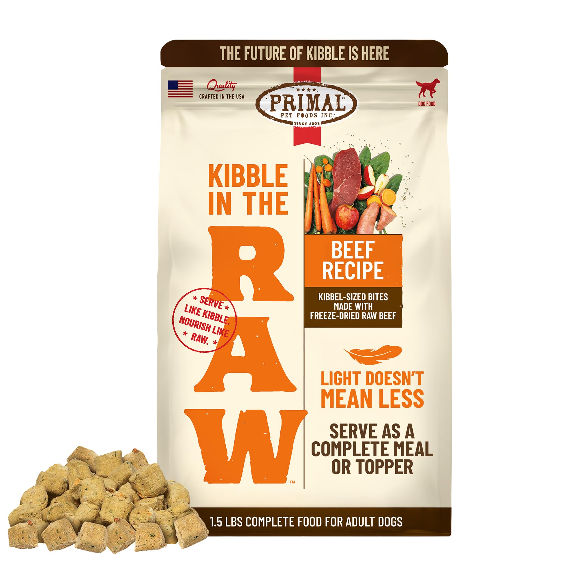Primal Kibble in The Raw beef bag highlights raw protein and USA craftsmanship.