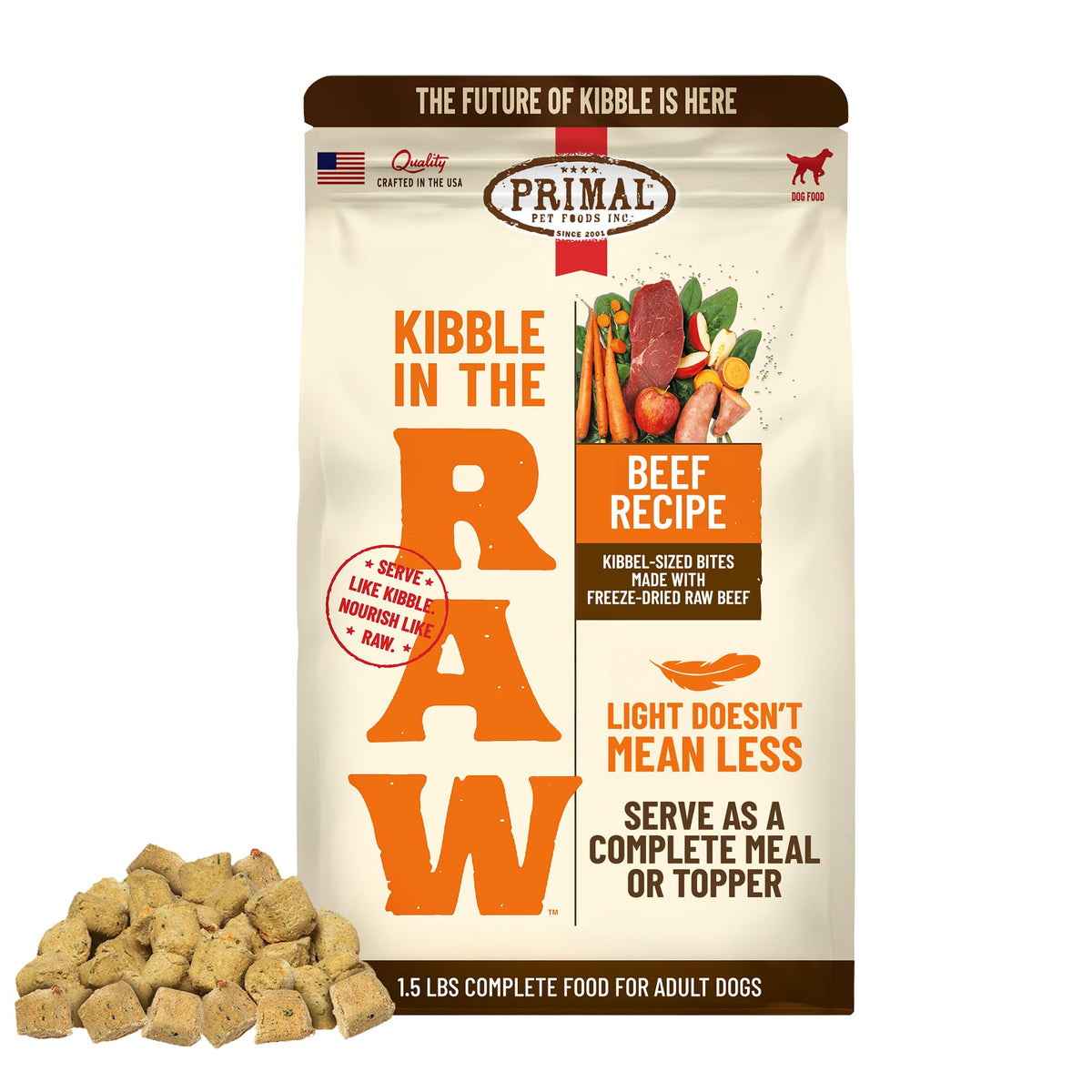 Primal Kibble in The Raw beef bag highlights raw protein and USA craftsmanship.