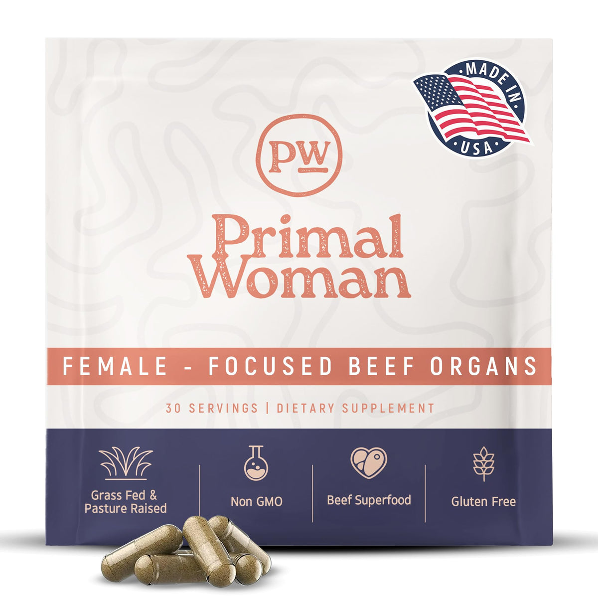 Primal Woman beef organ capsules bottle on counter for daily vitality.
