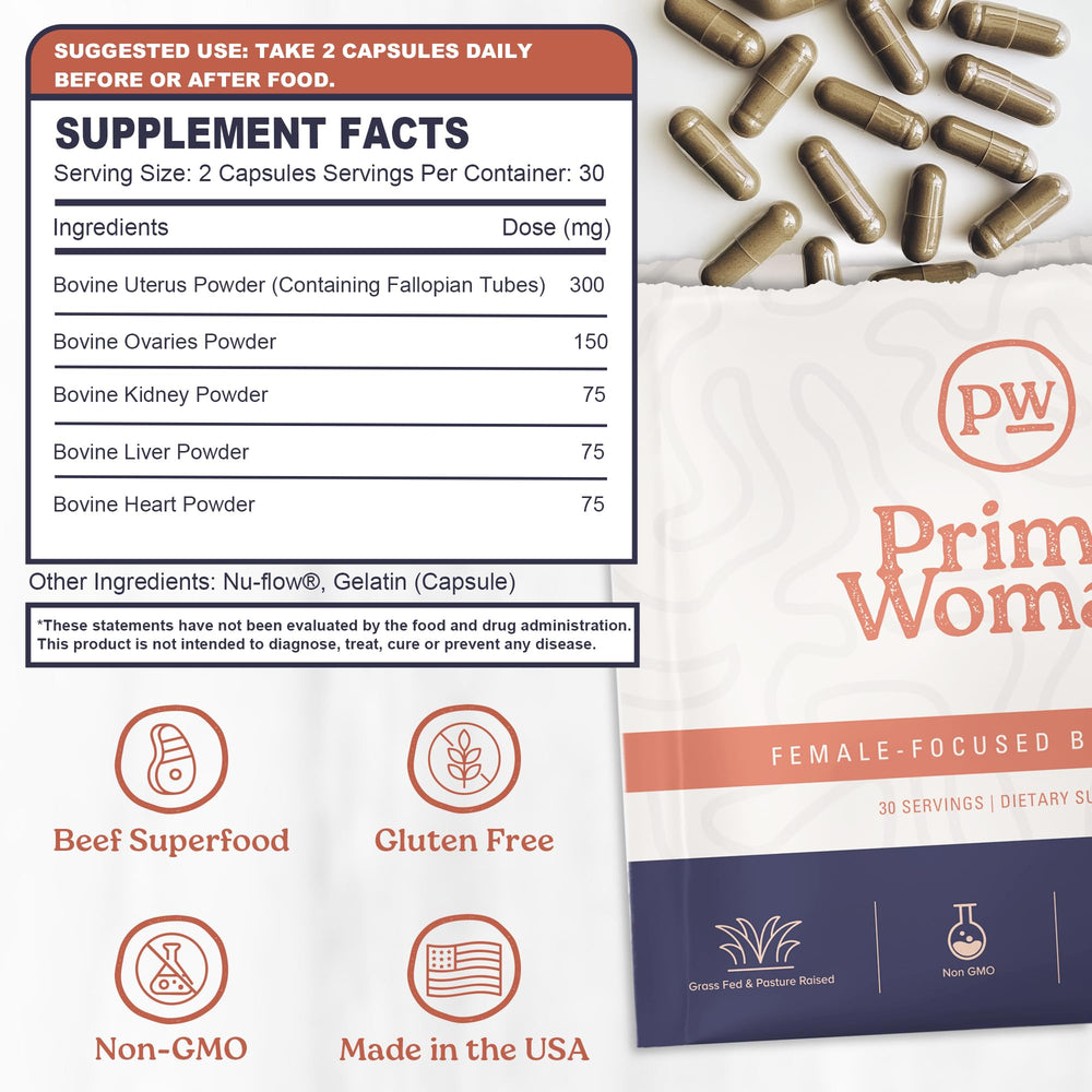 Primal Woman organ supplements for women on dresser ready after meals.