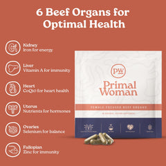 Primal Woman pasture-raised heart and liver capsules on wooden surface for daily energy.