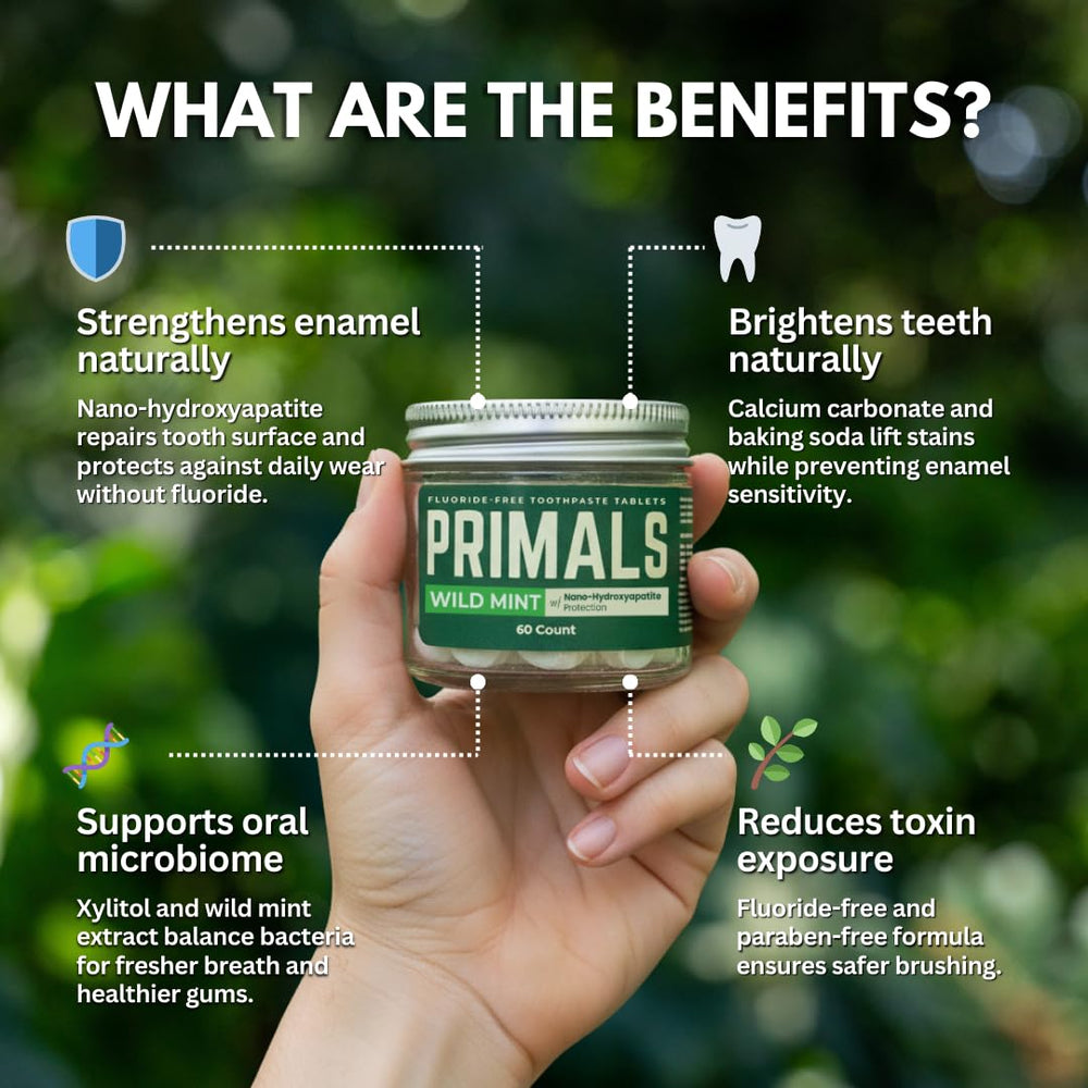 PRIMALS toothpaste tablets jar close-up showing enamel-friendly whitening.