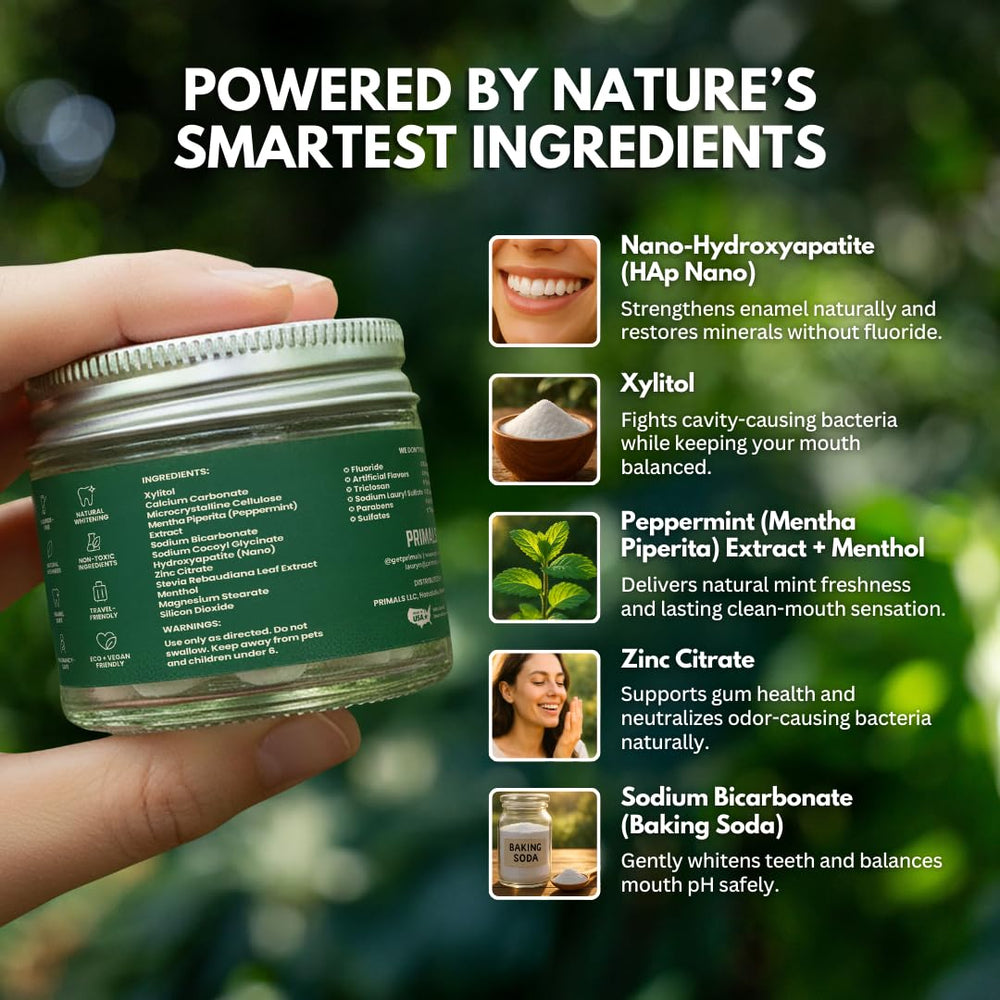 PRIMALS tablets in hand highlight convenient, travel-friendly oral care.