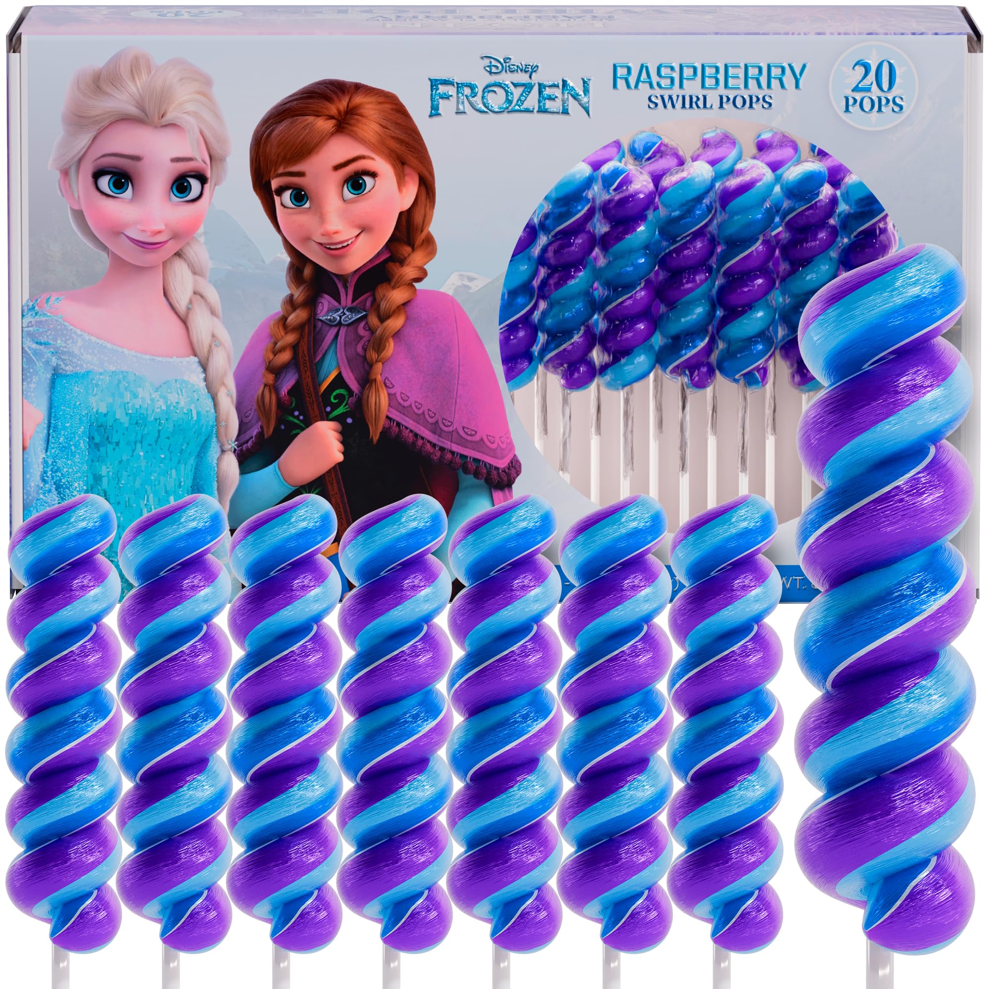 Primary Colors Candy Frozen Lollipops Swirl Pack shows playful party favors with raspberry flavor.