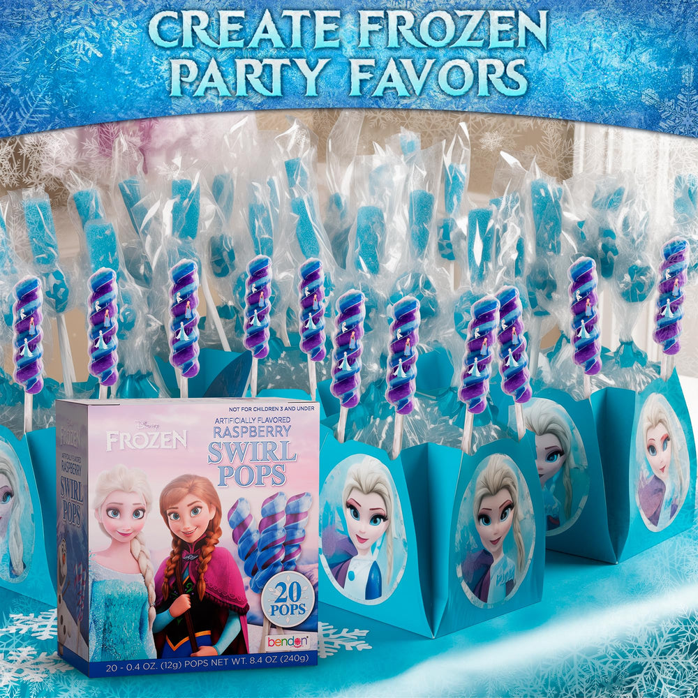 Primary Colors Candy Raspberry-flavored wrapped lollipops add magical Elsa-Anna themed decor.
