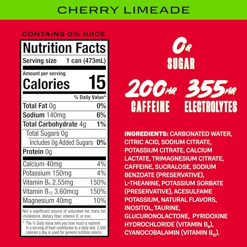 Closeup of PRIME Energy Cherry Limeade can highlighting caffeine content