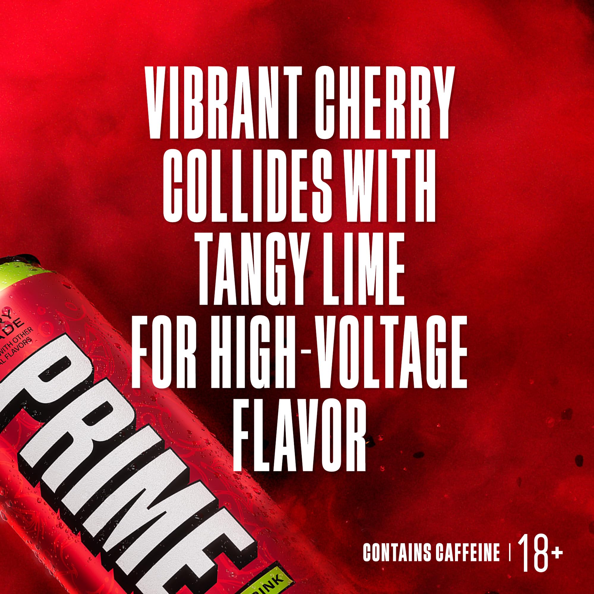 Glass being poured PRIME Energy Cherry Limeade emphasizes refreshing hydration