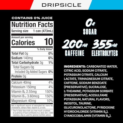 Prime Energy Dripsicle can closeup highlighting 200 mg caffeine and electrolytes