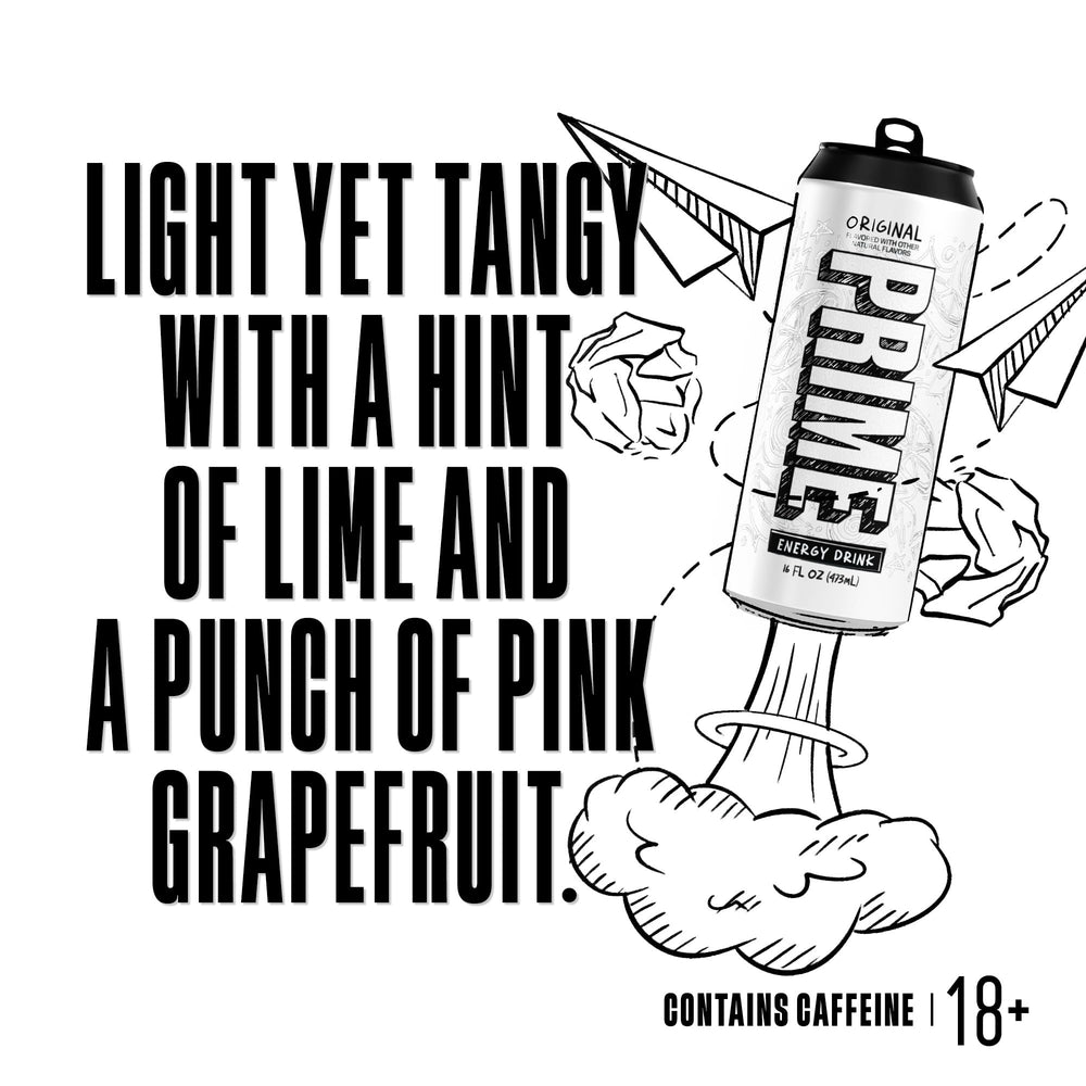 Prime Energy Original label closeup highlights electrolytes and hydration benefits.