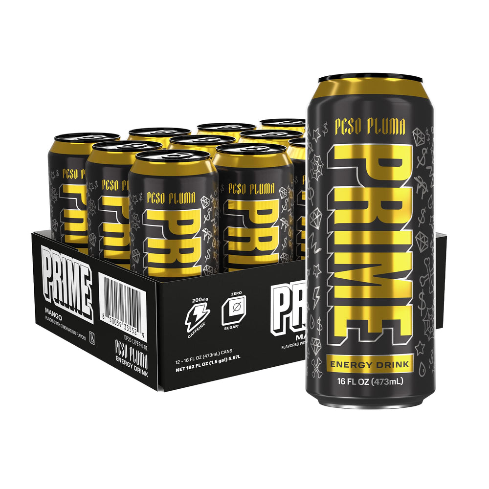 PRIME Energy Peso Pluma can front view highlights zero sugar and mango flavor.