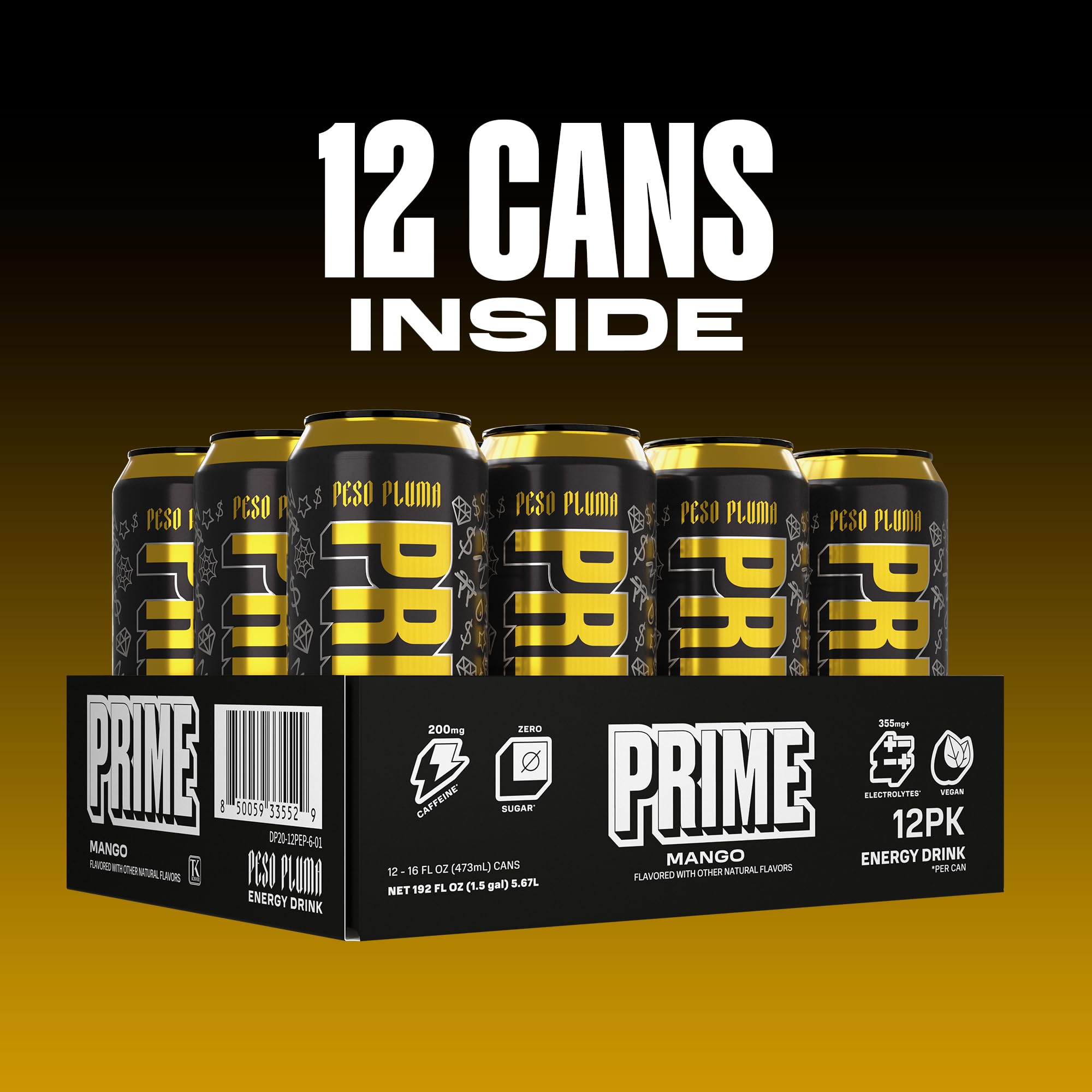 PRIME Energy Peso Pluma mango splash flavor in a vibrant can.