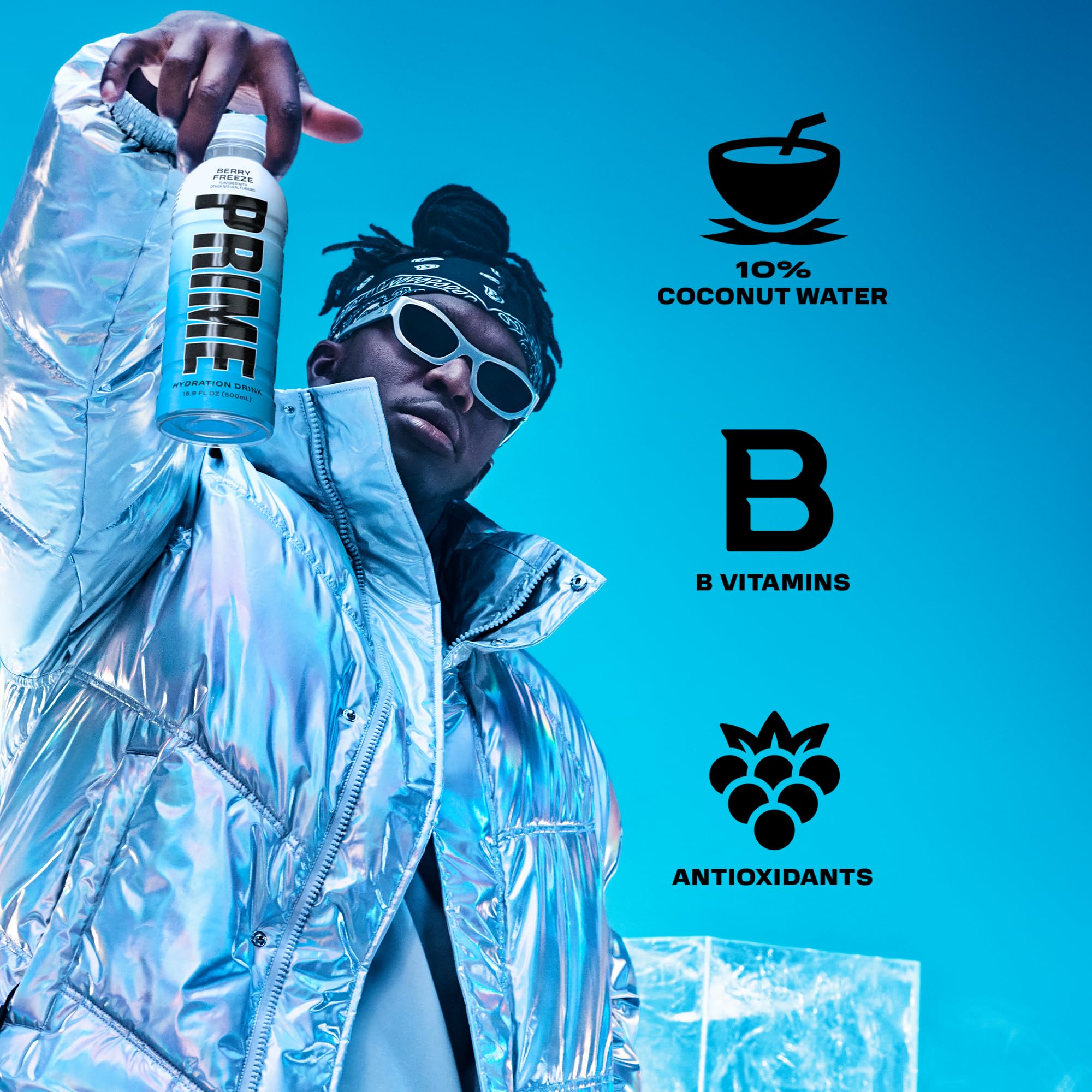 Prime Hydration Berry Freeze glass with ice for cooling refreshment after activity.