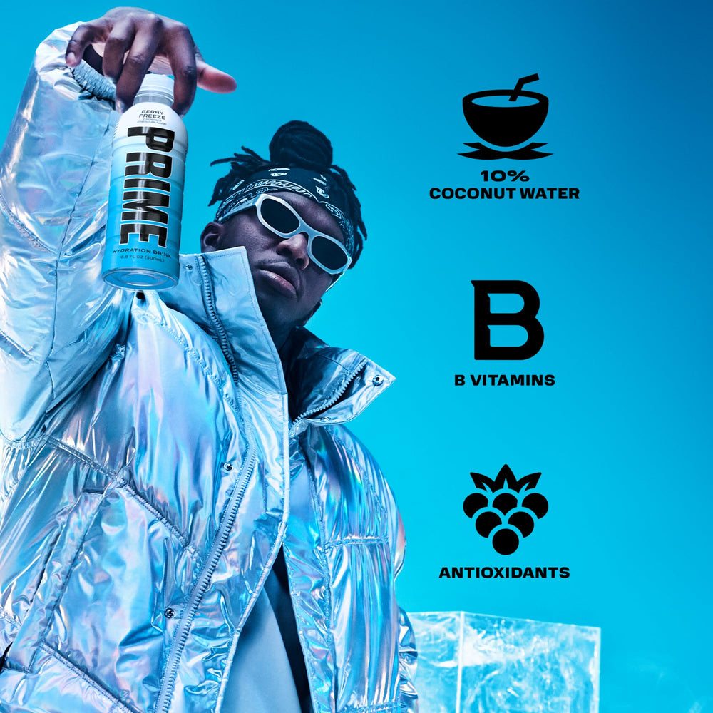 Prime Hydration Berry Freeze glass with ice for cooling refreshment after activity.