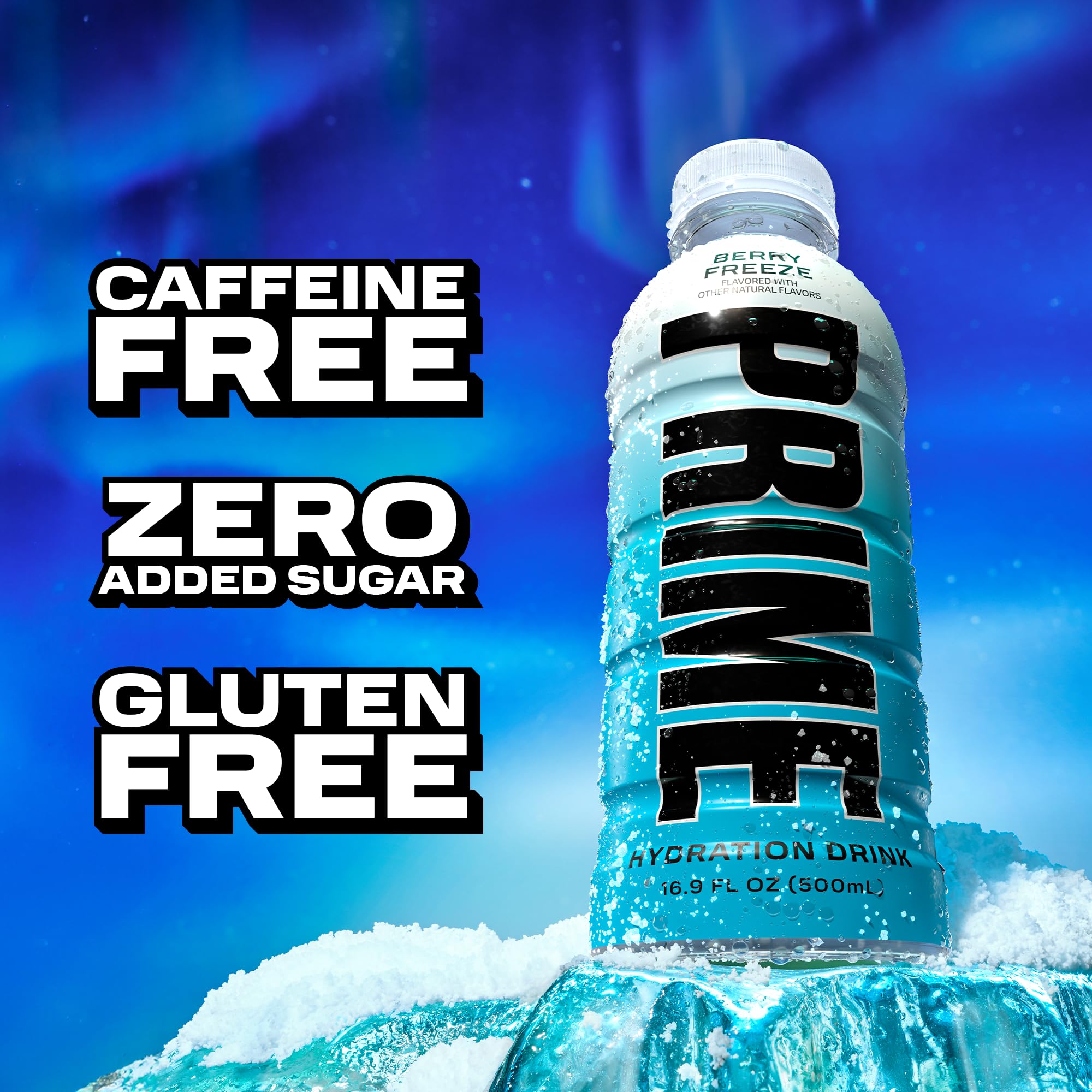 Prime Hydration Berry Freeze ice cubes emphasize a chilling, hydrating moment.