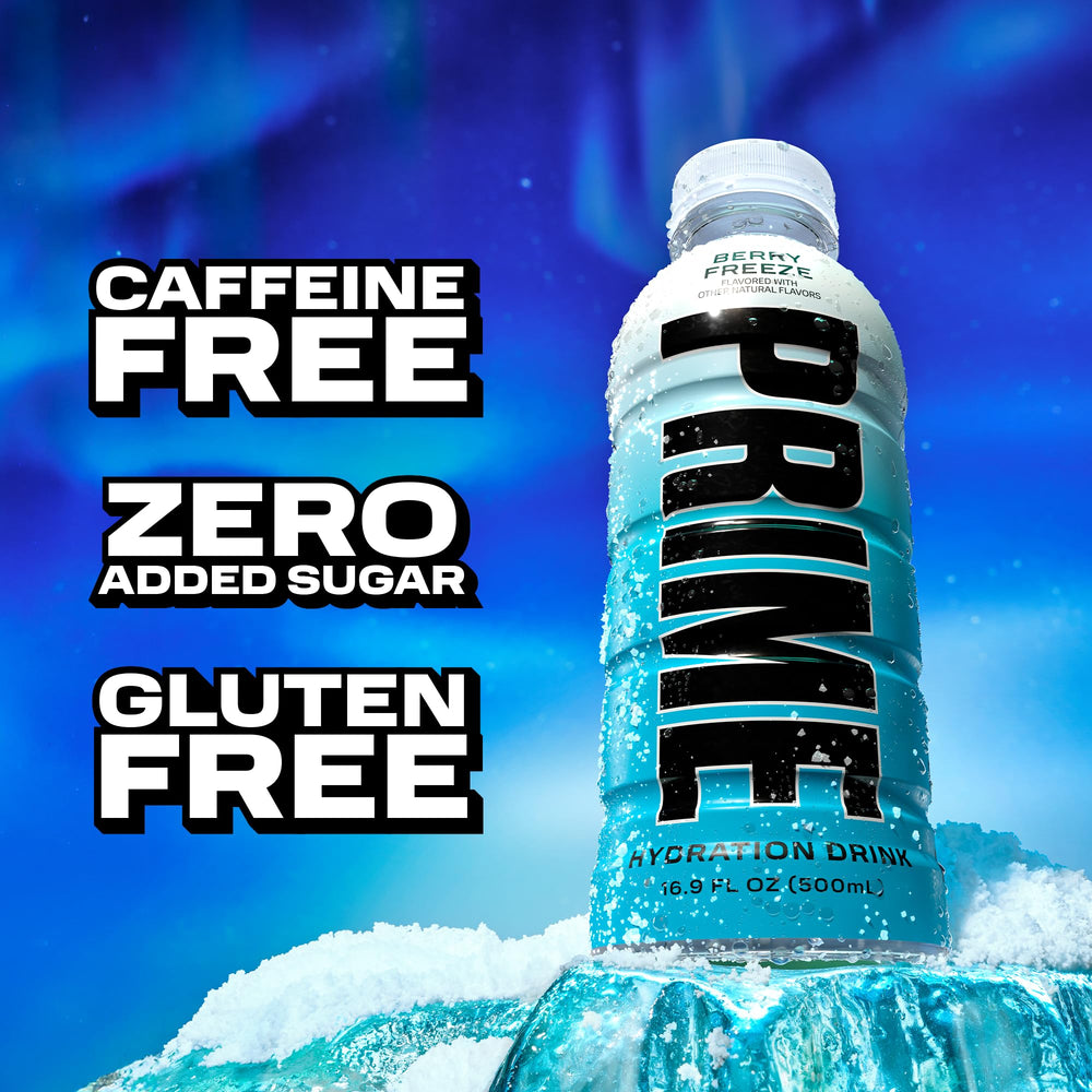 Prime Hydration Berry Freeze ice cubes emphasize a chilling, hydrating moment.