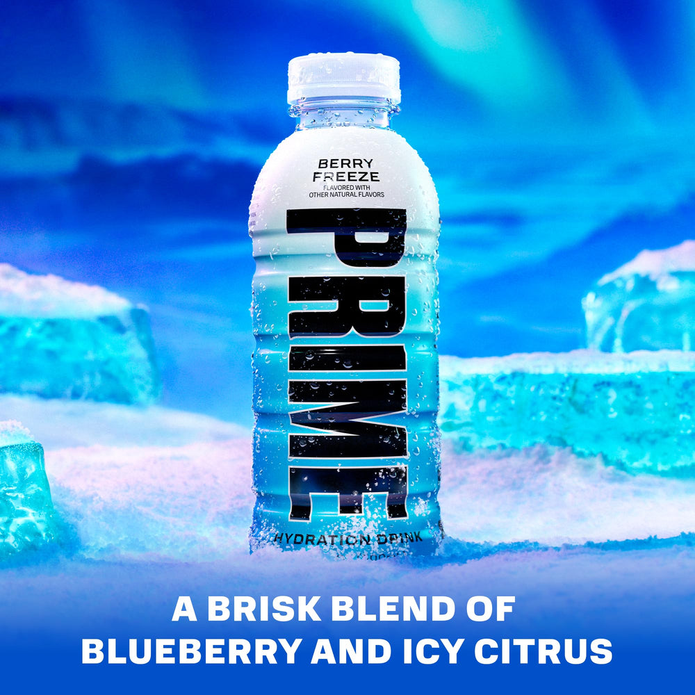 Close-up of Prime Hydration Berry Freeze label highlighting electrolytes.