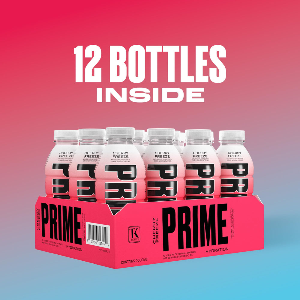 Coconut water graphic on PRIME Hydration Cherry Freeze highlighting natural hydration