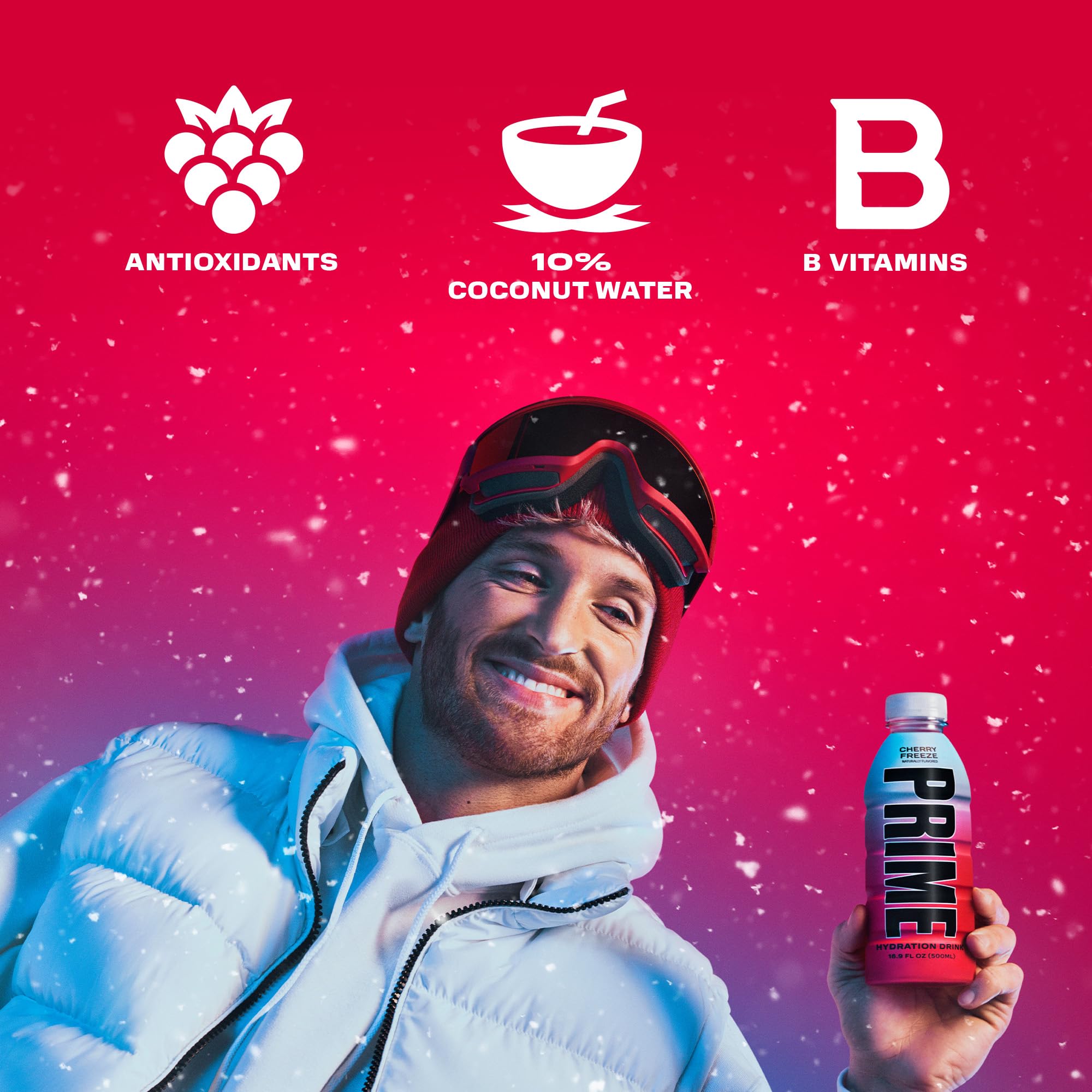 Label closeup of PRIME Hydration Cherry Freeze showing 250mg BCAAs and antioxidants