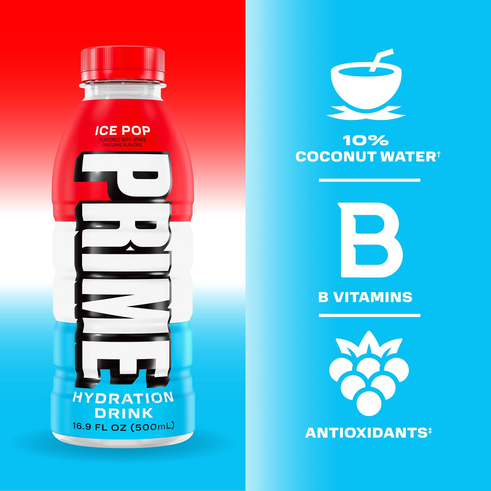 Prime Hydration Ice Pop label highlights 250 mg BCAAs and B vitamins.