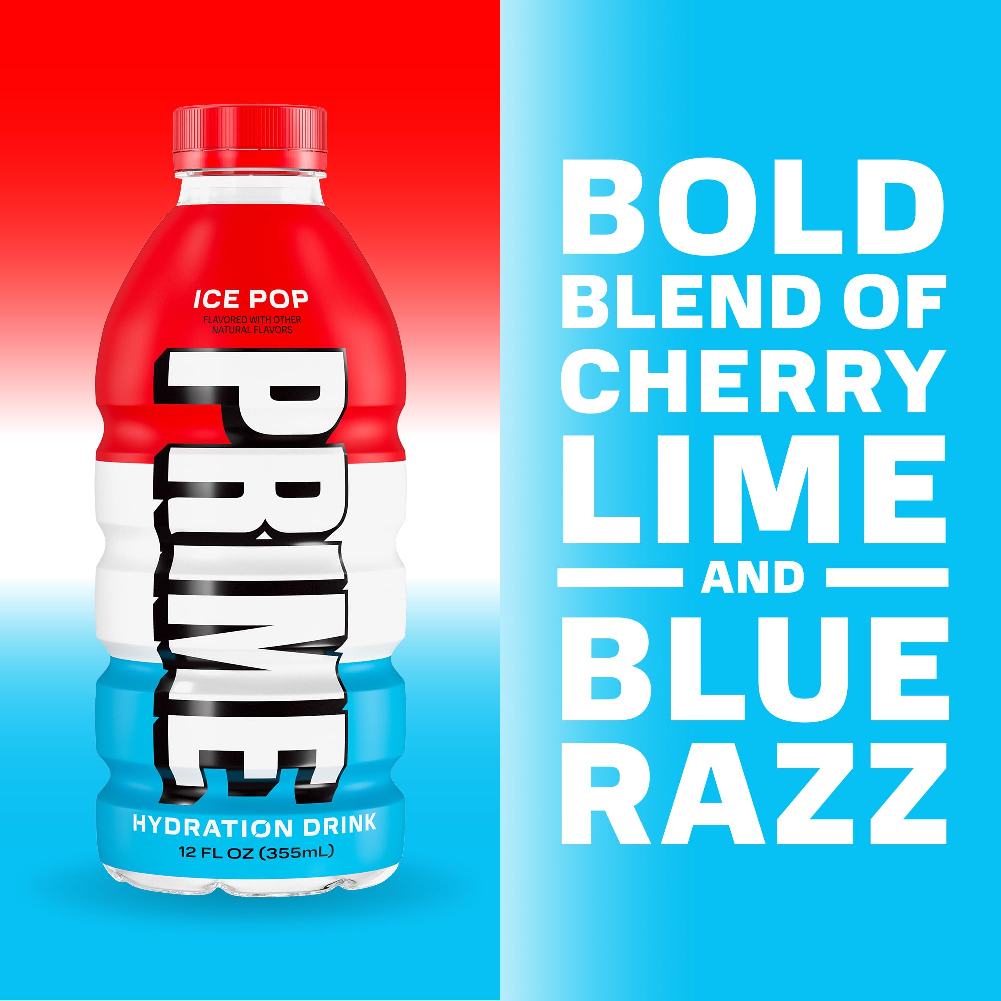 PRIME Hydration Ice Pop bottle combines natural flavors with caffeine-free hydration.