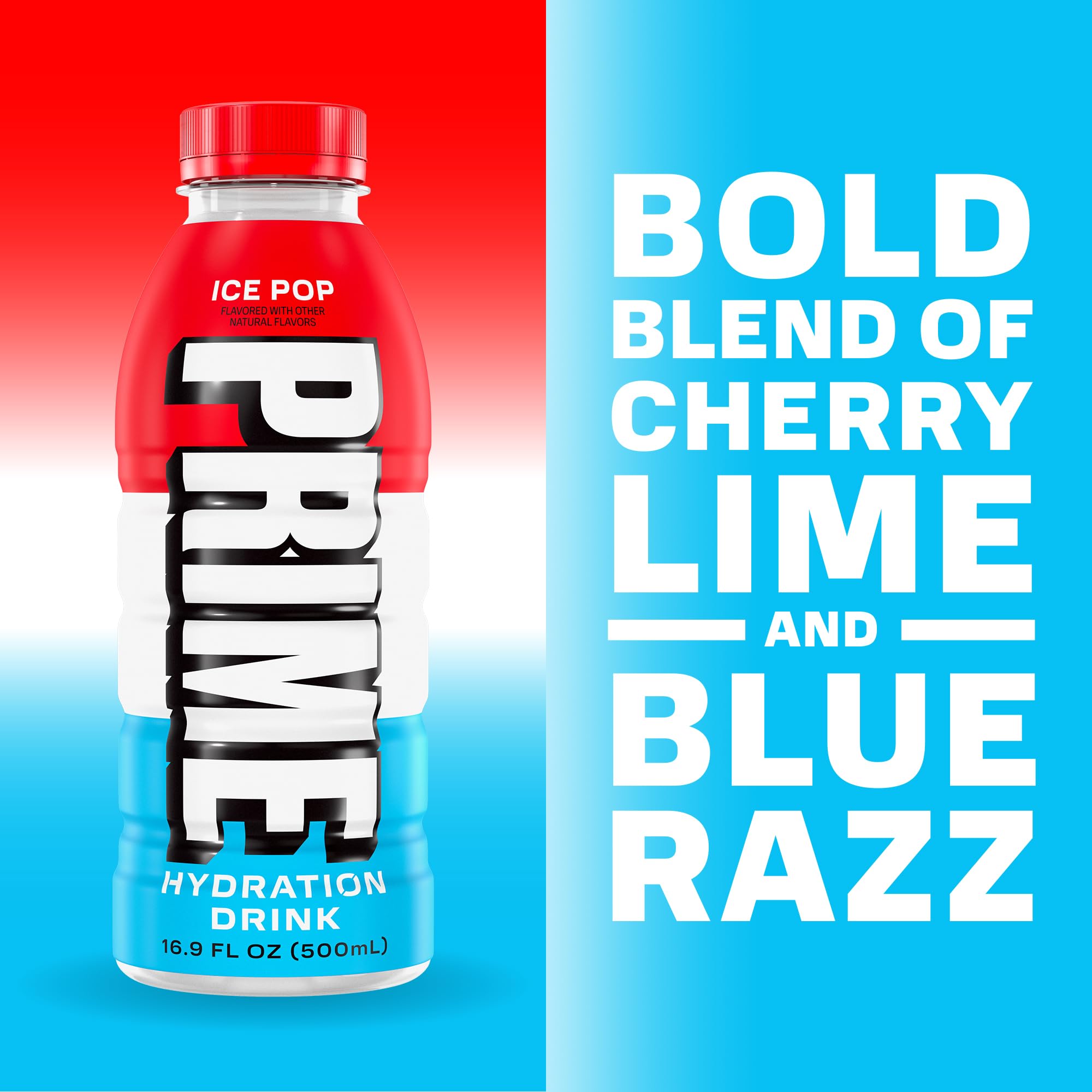 Prime Hydration Ice Pop 16.9 oz bottle highlights electrolytes and antioxidants.