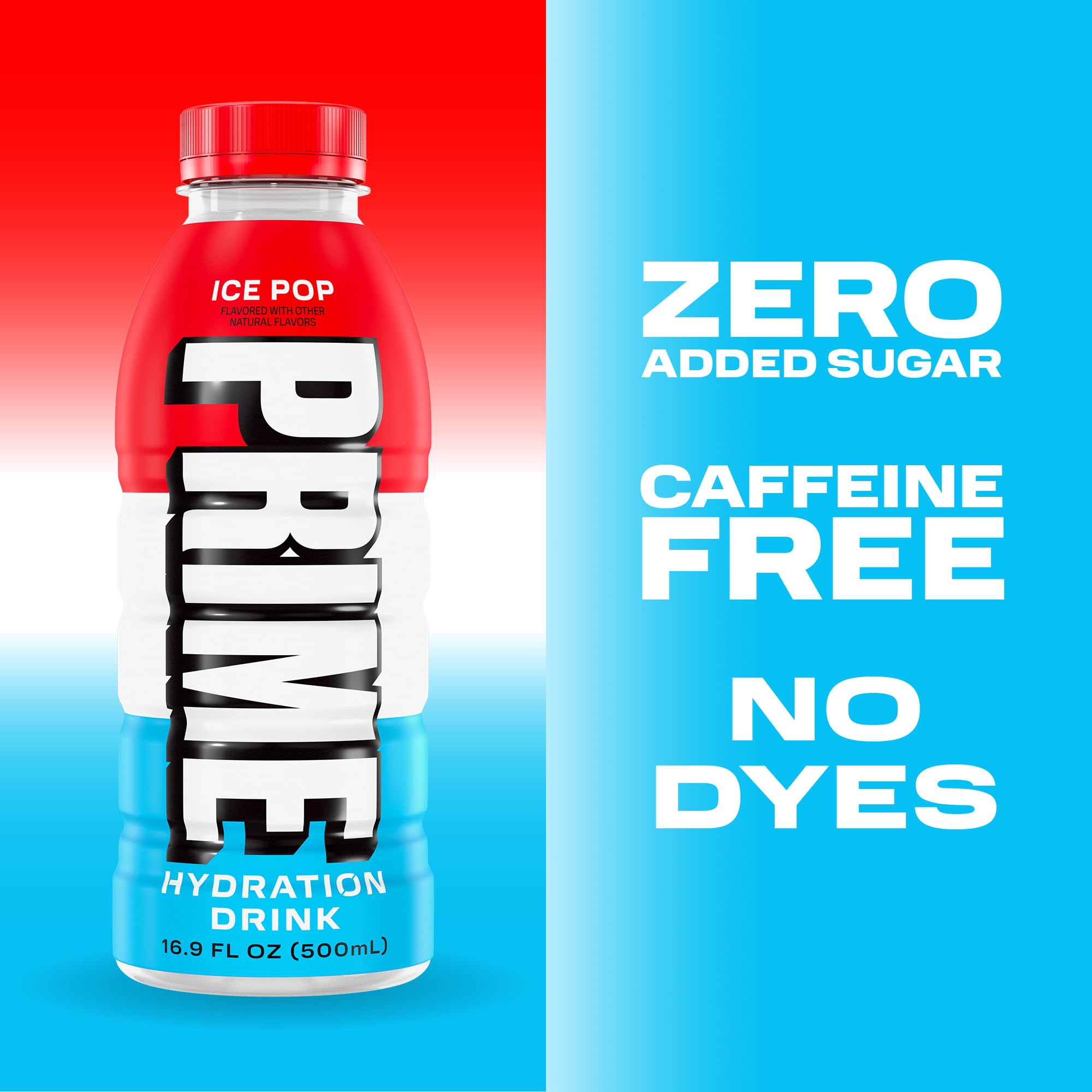 Prime Hydration Ice Pop six-pack display emphasizes low calories.