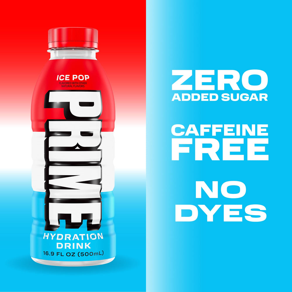 Prime Hydration Ice Pop six-pack display emphasizes low calories.
