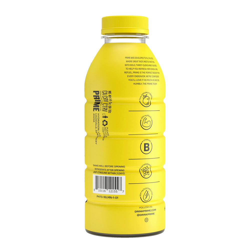 Prime Hydration Lemonade bottle beside a cooler for on-the-go hydration.