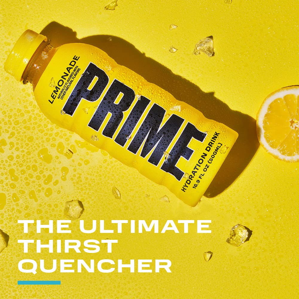 Prime Hydration Lemonade bottle close-up highlighting natural flavor.