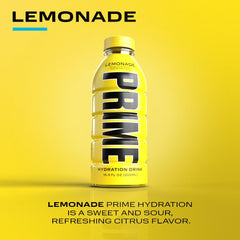 Prime Hydration Lemonade label close-up highlighting electrolyte blend details.