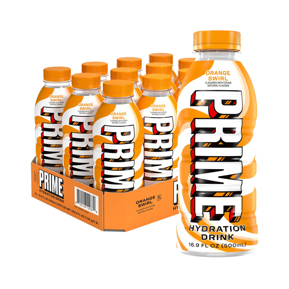 PRIME Hydration Orange Swirl bottle showing zero sugar and electrolytes for refreshed hydration