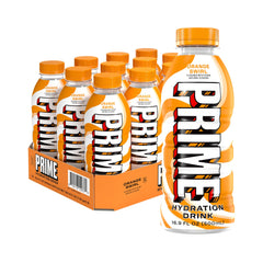PRIME Hydration Orange Swirl bottle showing zero sugar and electrolytes for refreshed hydration