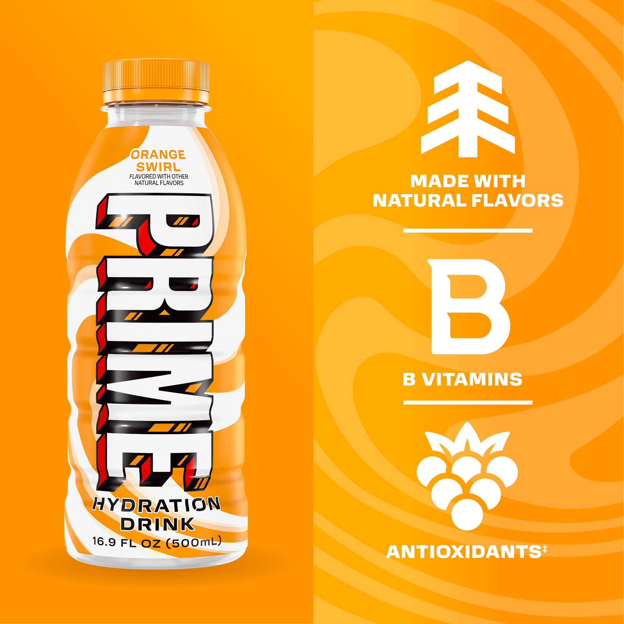 PRIME Hydration Orange Swirl label closeup highlighting natural flavors and no artificial colors