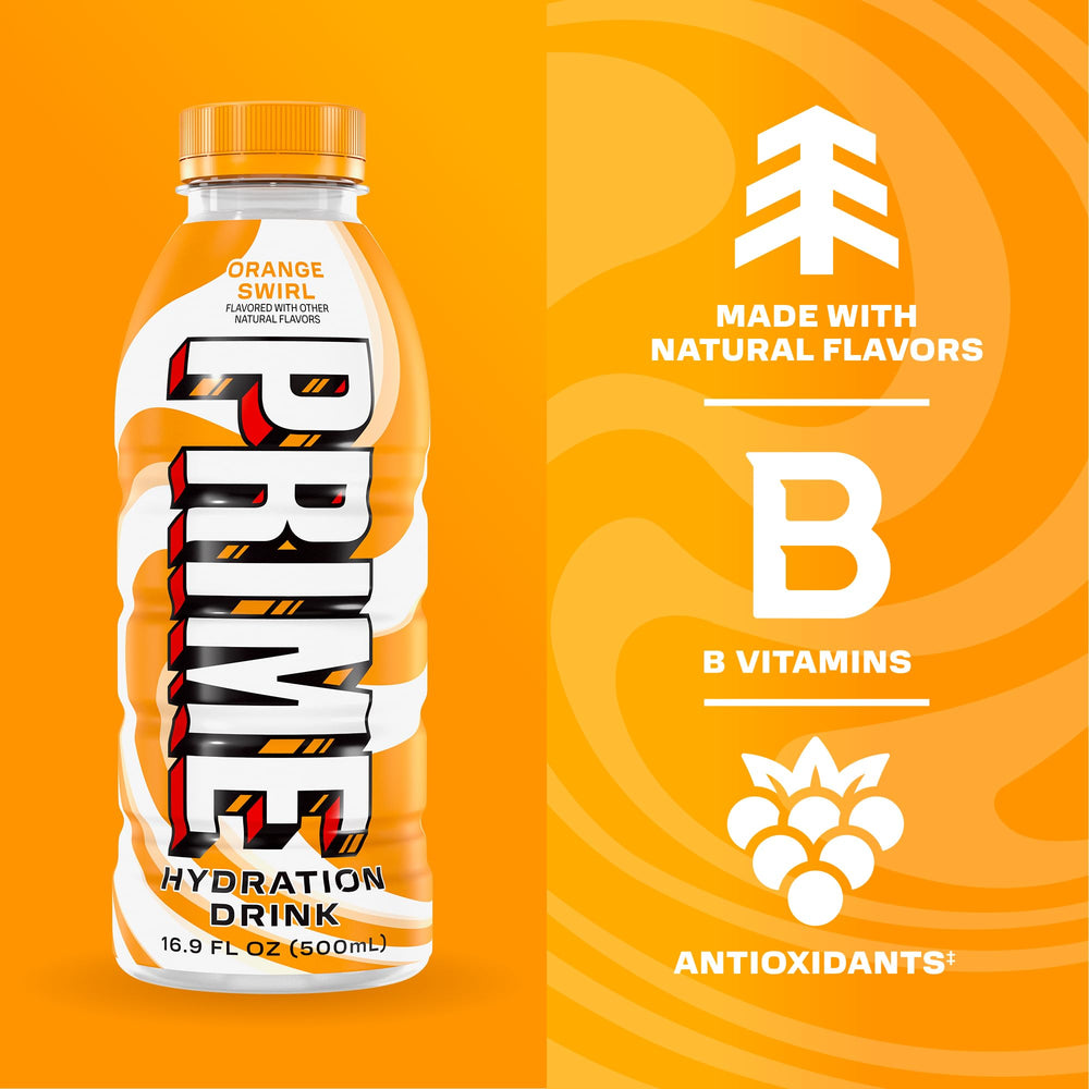 PRIME Hydration Orange Swirl label closeup highlighting natural flavors and no artificial colors
