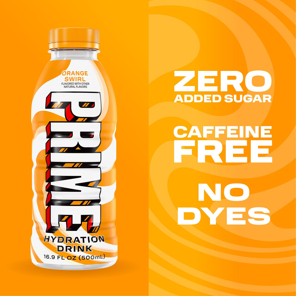PRIME Hydration Orange Swirl pack shot featuring a 12-pack for sharing