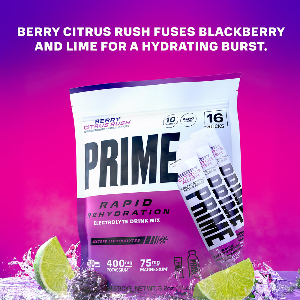 Prime Hydration Rapid Sticks Berry Citrus Rush dissolving in water for refreshing flavor.