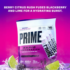 Prime Hydration Rapid Sticks Berry Citrus Rush dissolving in water for refreshing flavor.