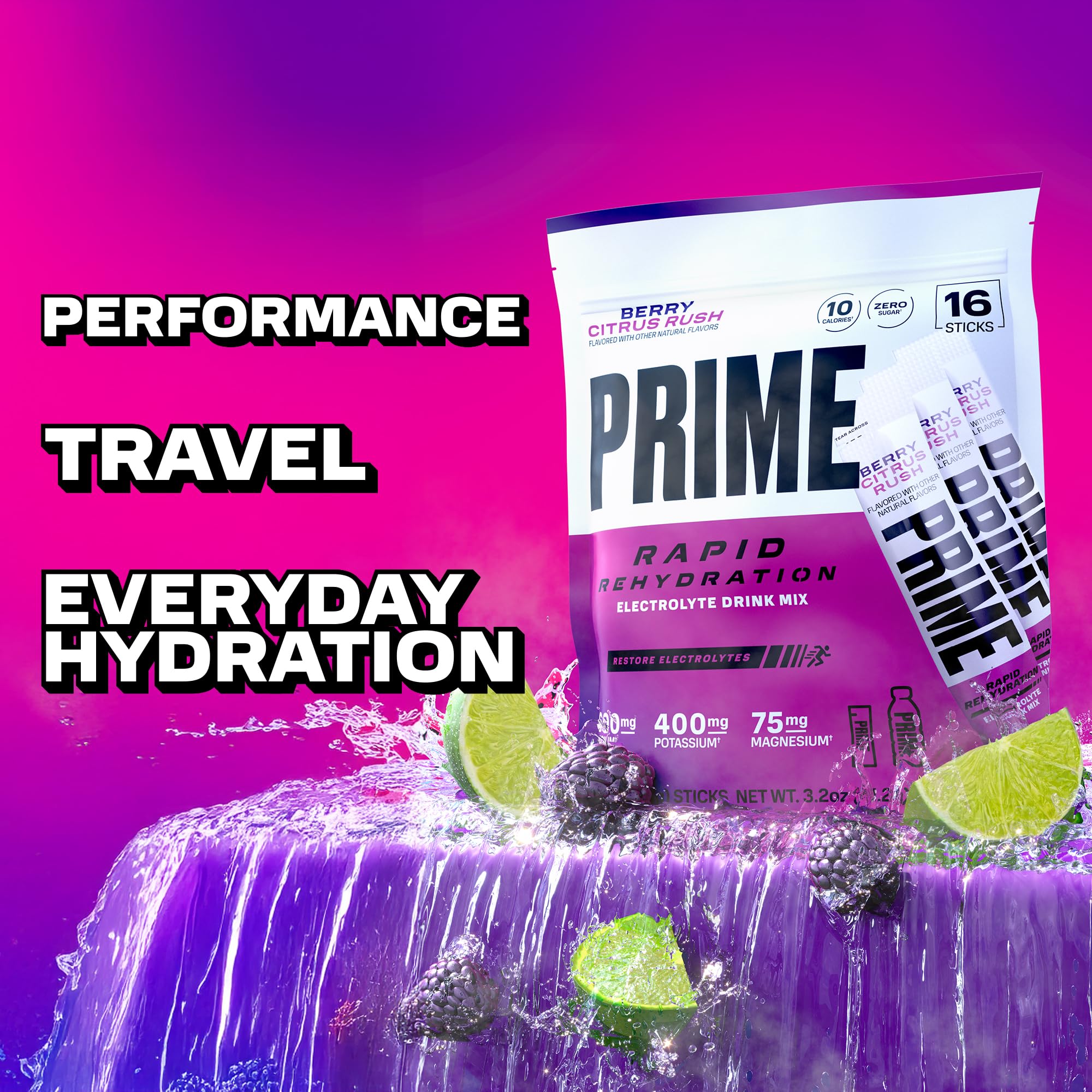 Prime Hydration Rapid Sticks Berry Citrus Rush individual stick for travel and convenience.
