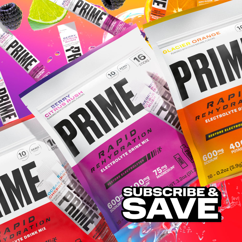 Prime Hydration Rapid Sticks Berry Citrus Rush ingredients panel shows no artificial colors or flavors.