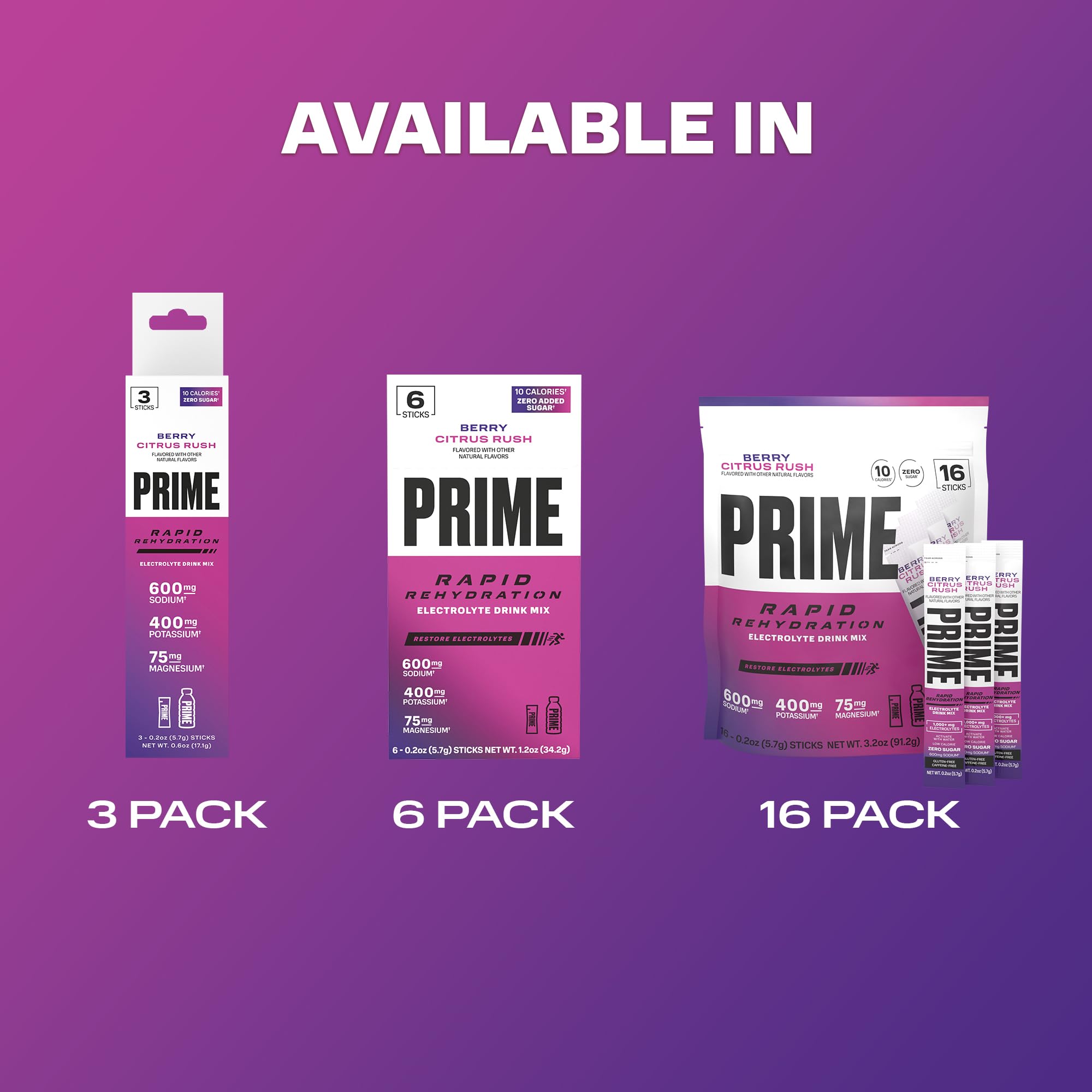 Prime Hydration Rapid Sticks Berry Citrus Rush zero sugar symbol emphasized.