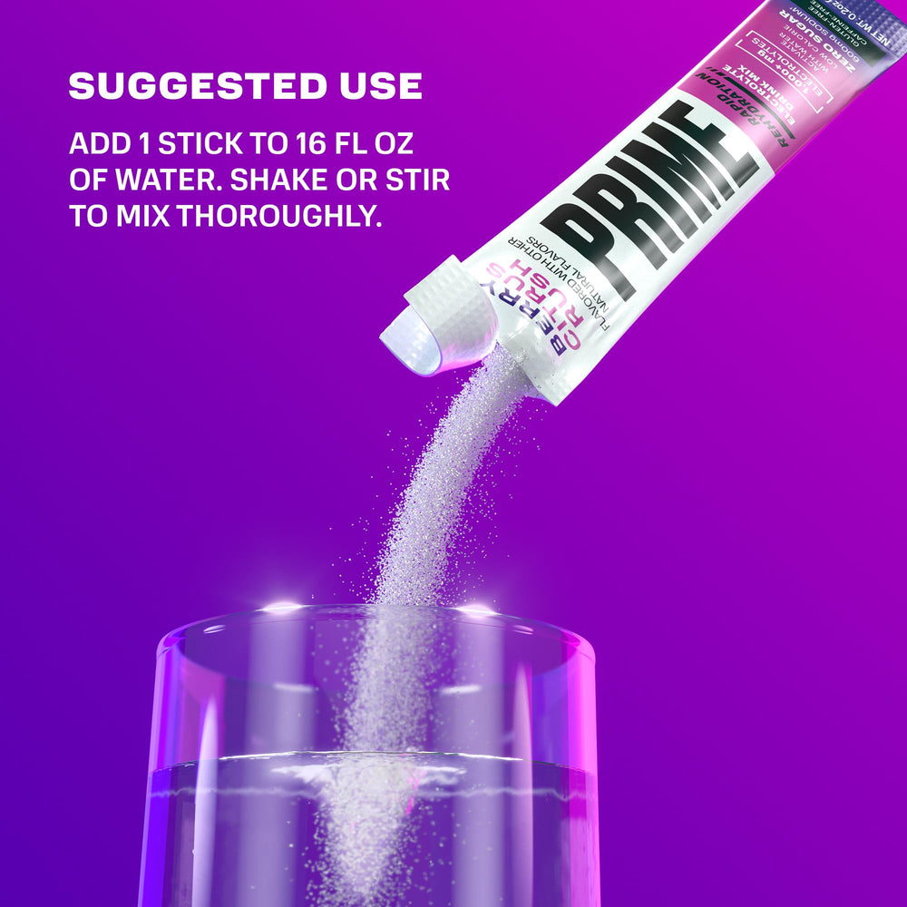 Prime Hydration Rapid Sticks Berry Citrus Rush nutrition panel highlights electrolytes and vitamins.