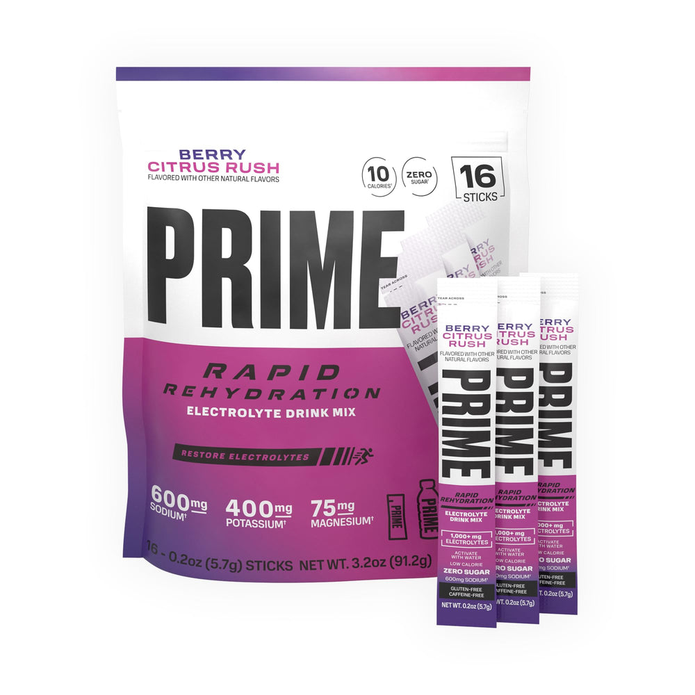 Prime Hydration Rapid Sticks Berry Citrus Rush packaging shows sugar-free hydration on the go.