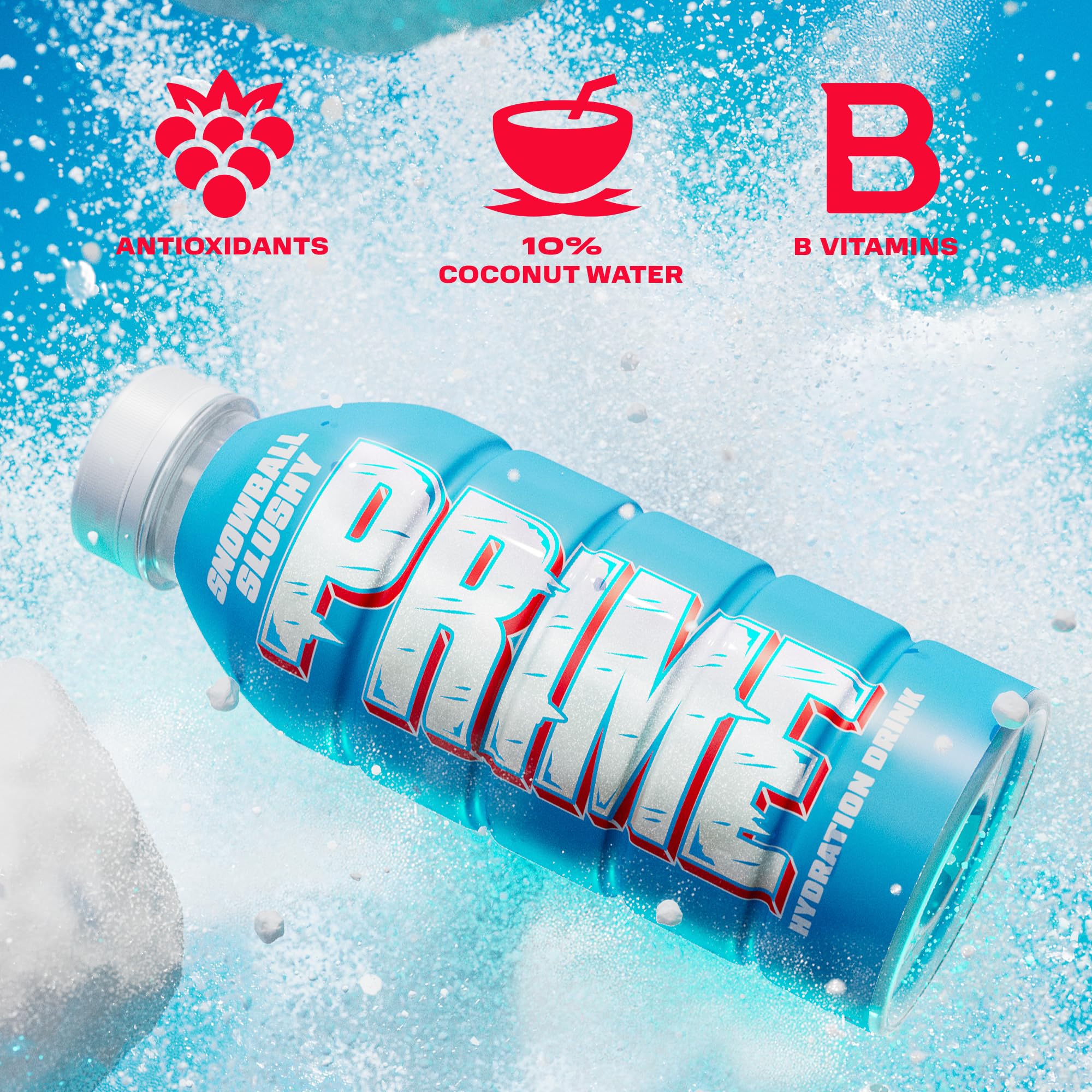 Close-up of PRIME Hydration Snowball Slushy label showing ingredients