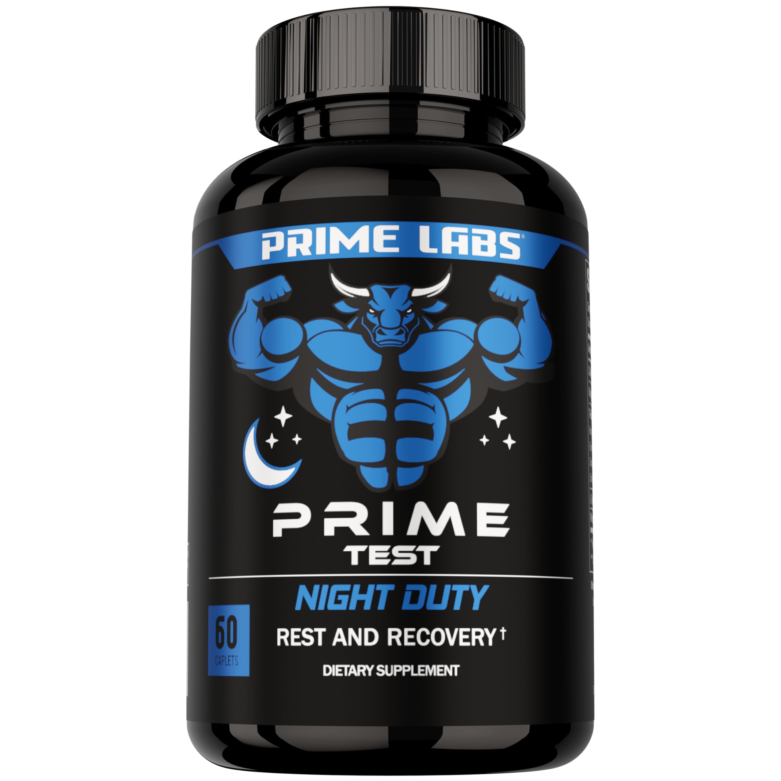 Prime Labs Night Duty bottle label highlights nighttime support and recovery benefits.