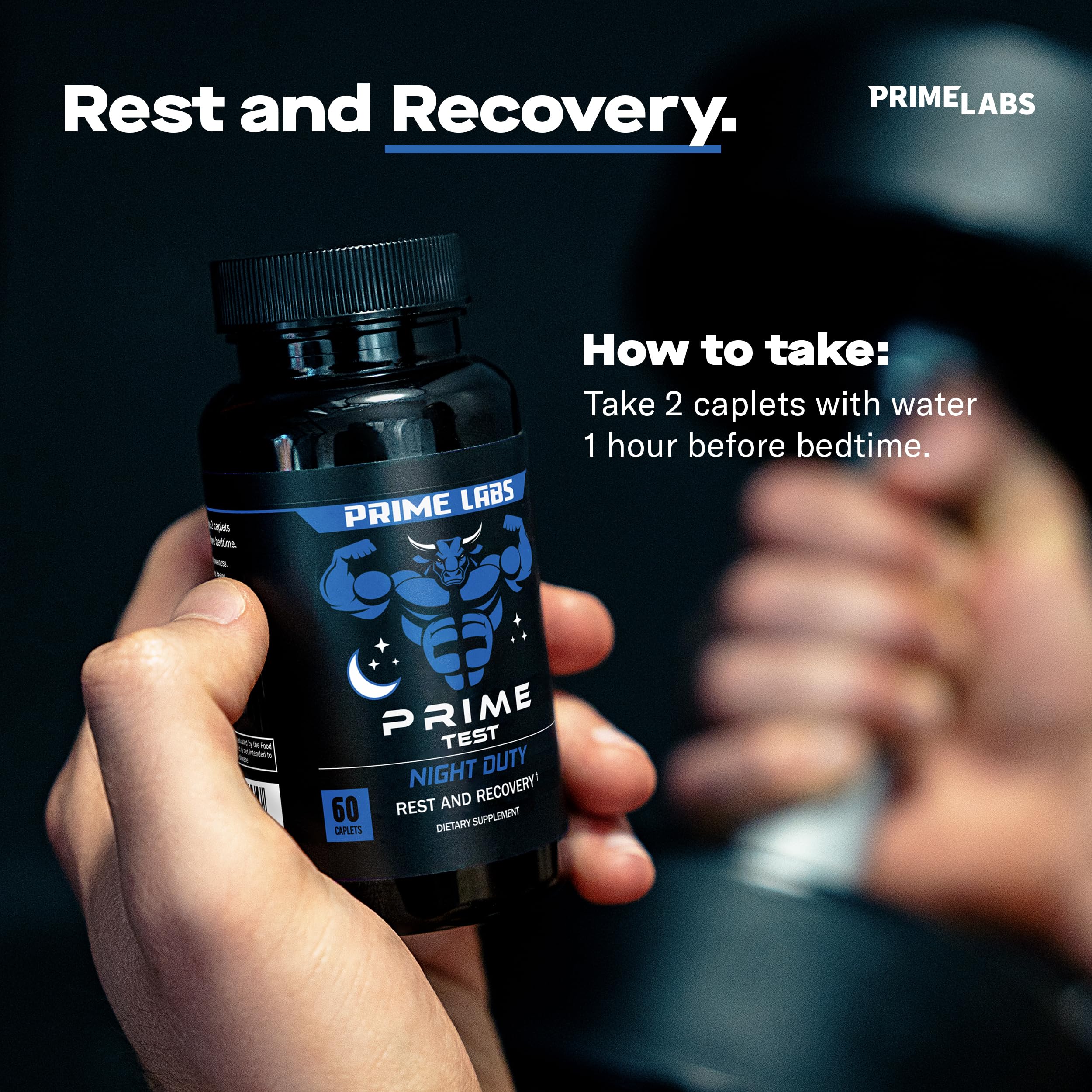 Prime Labs Night Duty post-workout recovery visual suggests overnight repair.