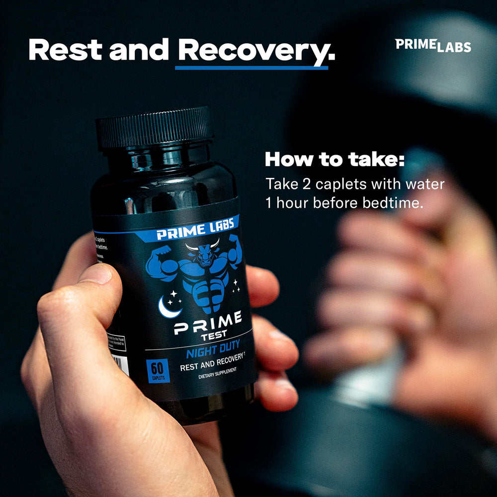Prime Labs Night Duty post-workout recovery visual suggests overnight repair.