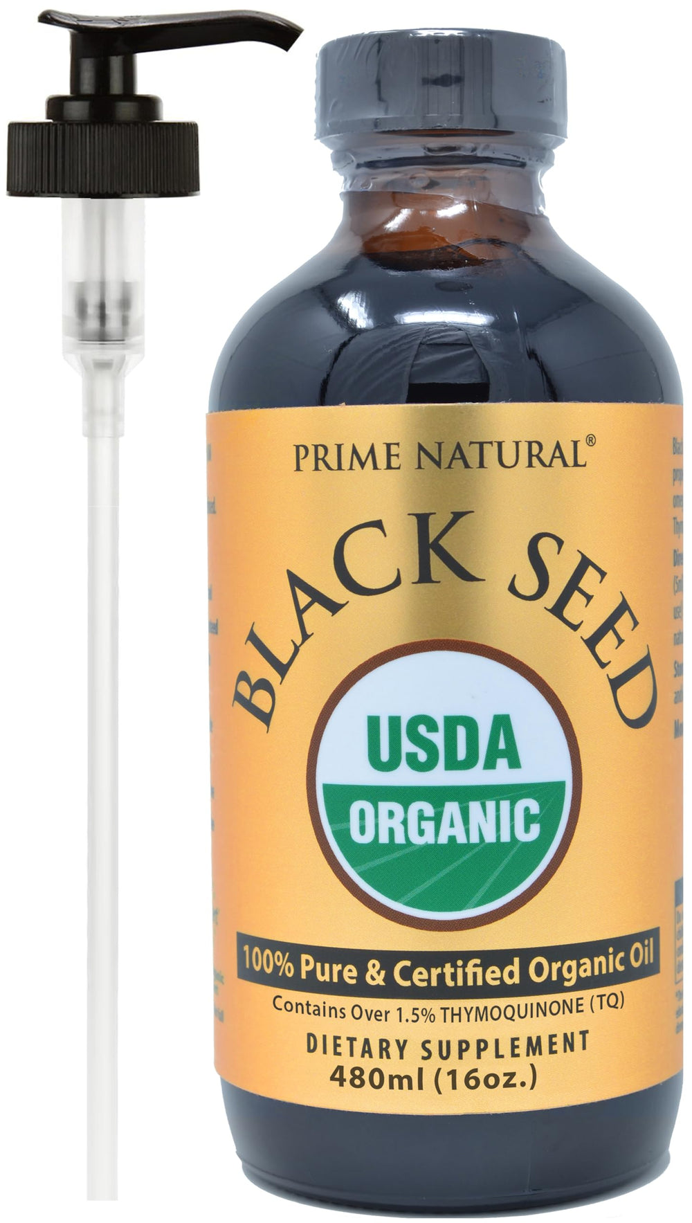 PRIME NATURAL black seed oil bottle closeup, highlighting purity and golden liquid for daily use.